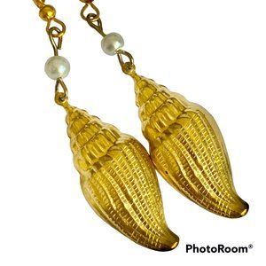 Vintage Conch Shell Pearl Earrings Gold Plated Dangle Sea Life Island Nautical